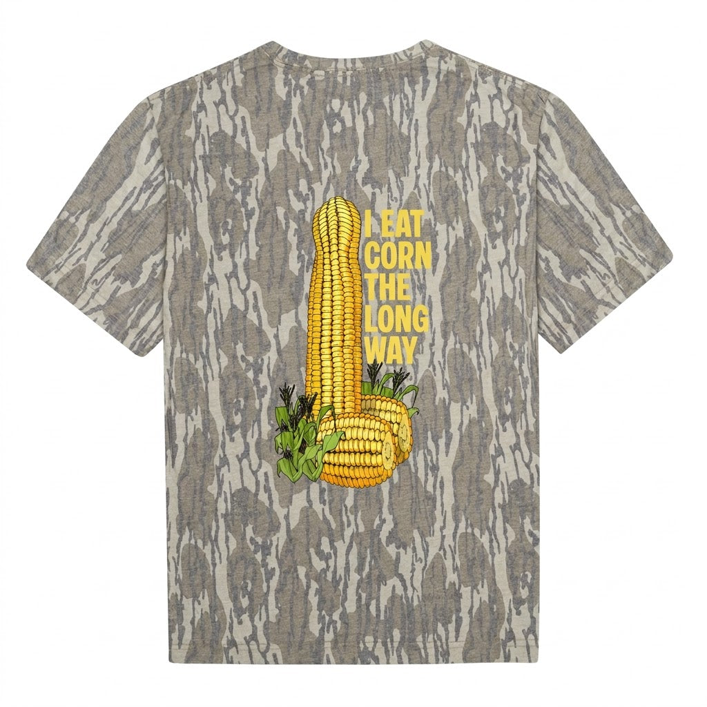 "I Eat Corn The Long Way" Funny Suggestive Camo T-Shirt