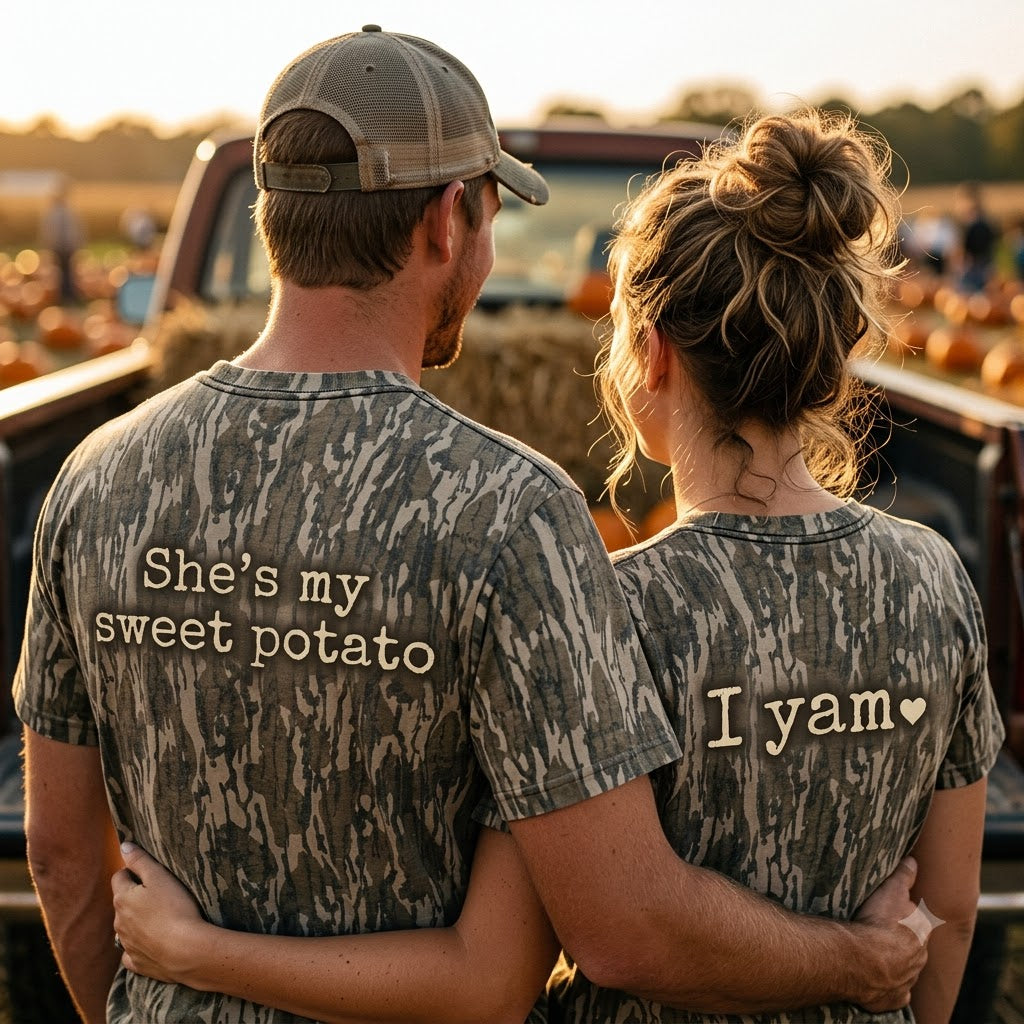 Cute "She's My Sweet Potato & I Yam" Matching Couples Thanksgiving Camo T-Shirts