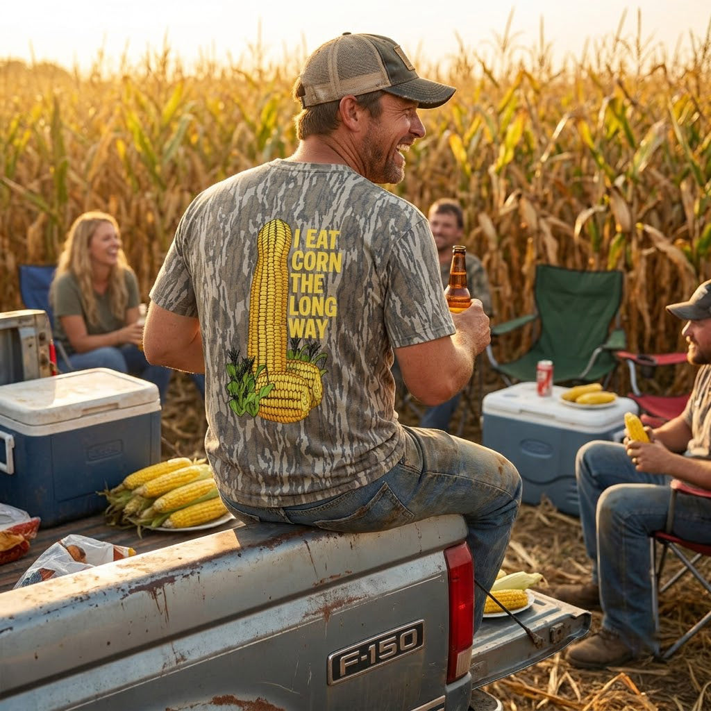 "I Eat Corn The Long Way" Funny Suggestive Camo T-Shirt