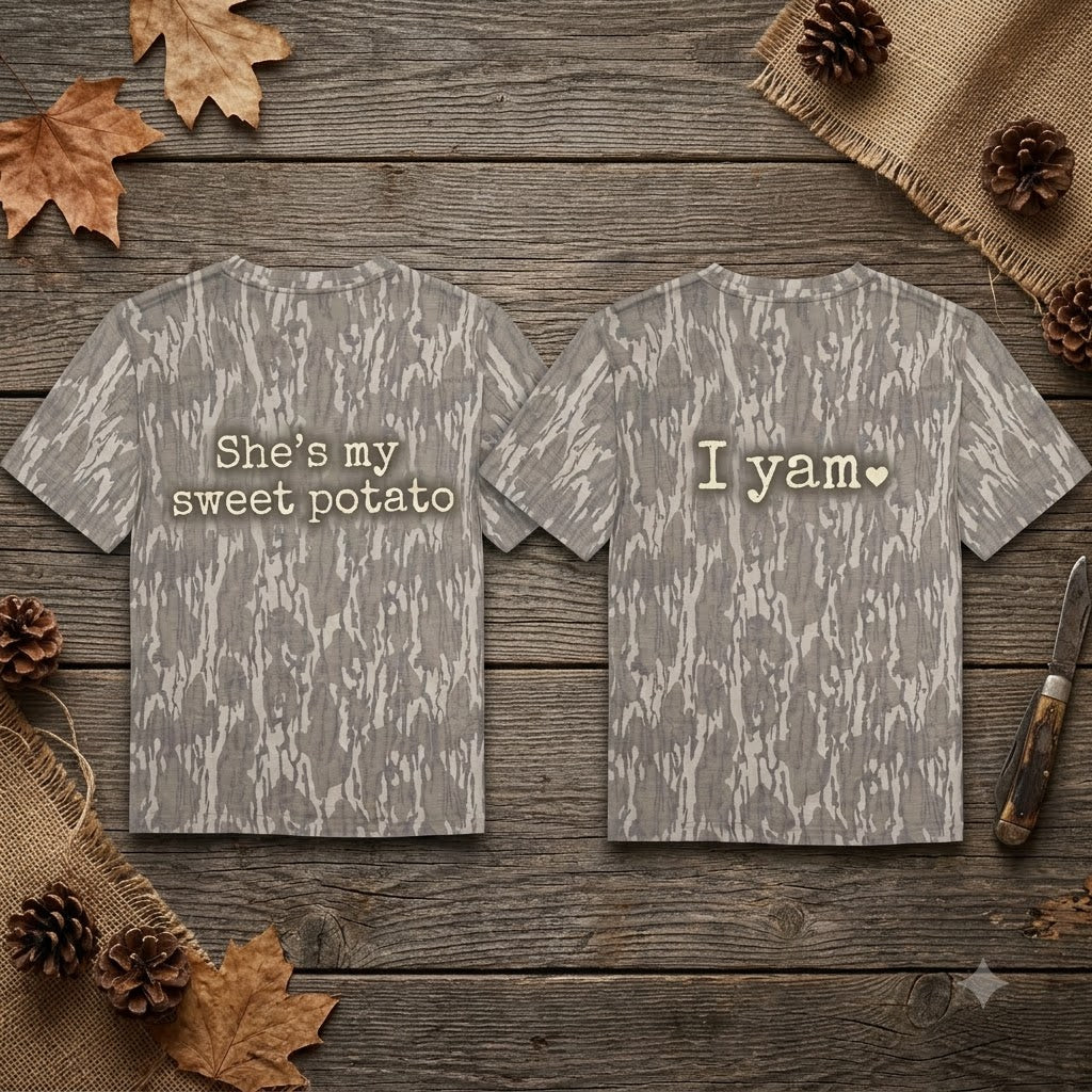 Cute "She's My Sweet Potato & I Yam" Matching Couples Thanksgiving Camo T-Shirts