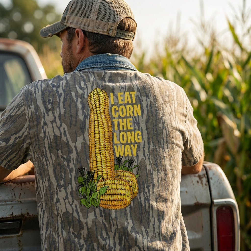 "I Eat Corn The Long Way" Funny Suggestive Camo T-Shirt