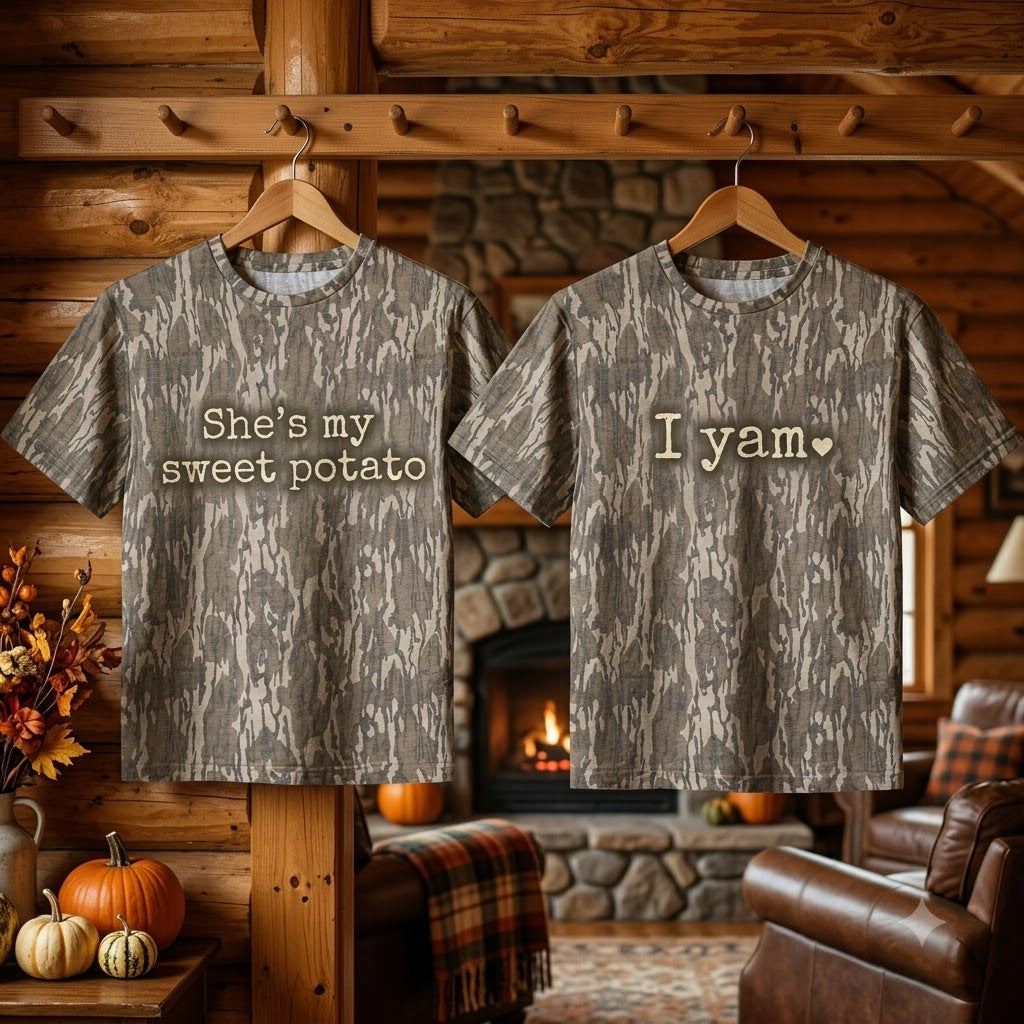 Cute "She's My Sweet Potato & I Yam" Matching Couples Thanksgiving Camo T-Shirts