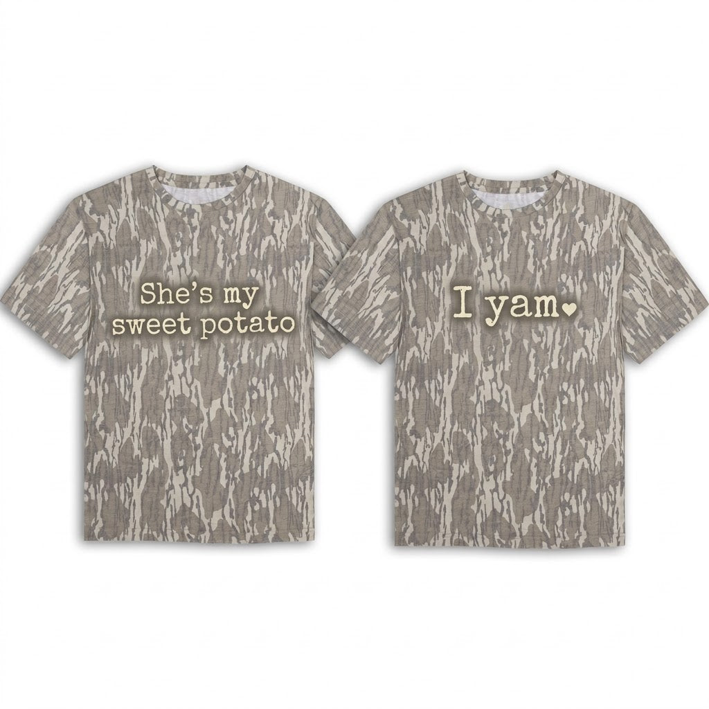 Cute "She's My Sweet Potato & I Yam" Matching Couples Thanksgiving Camo T-Shirts
