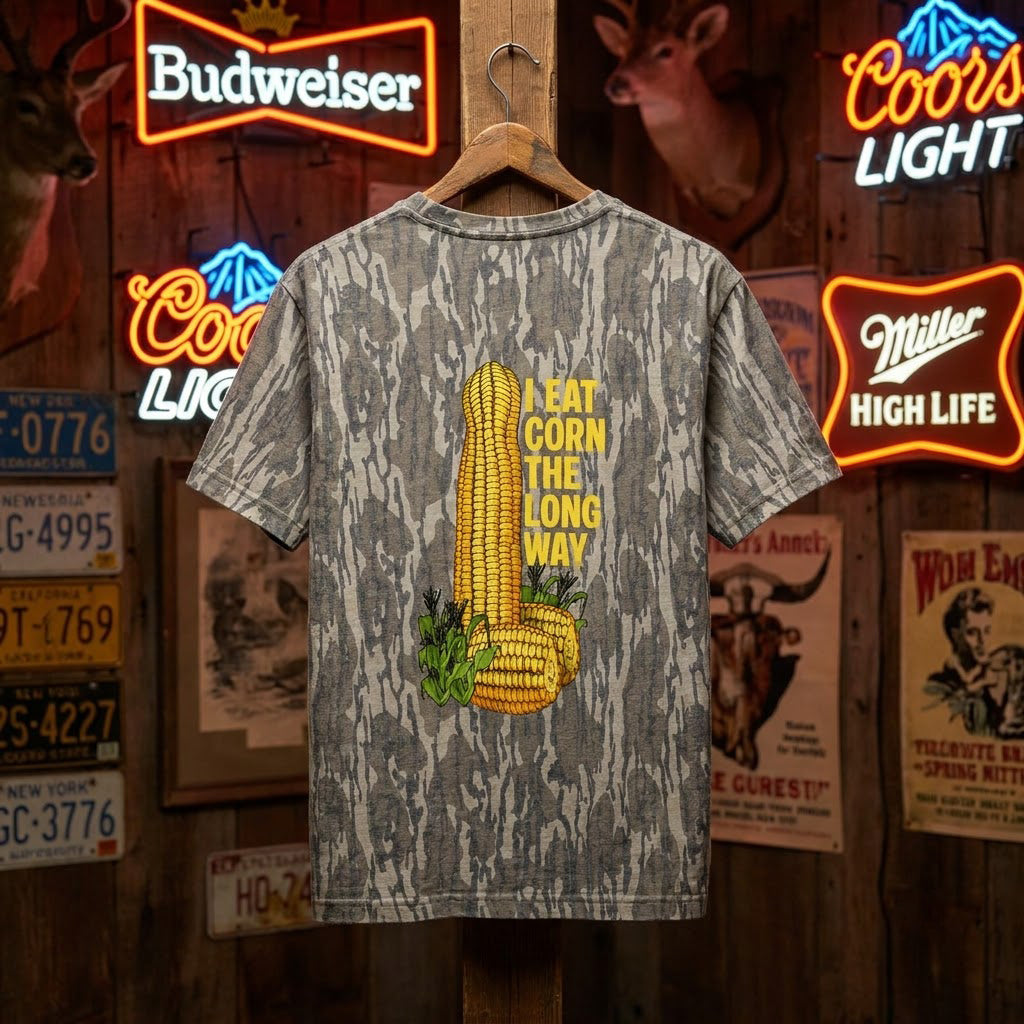 "I Eat Corn The Long Way" Funny Suggestive Camo T-Shirt