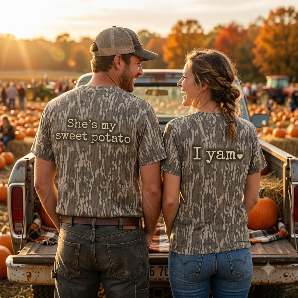 Cute "She's My Sweet Potato & I Yam" Matching Couples Thanksgiving Camo T-Shirts