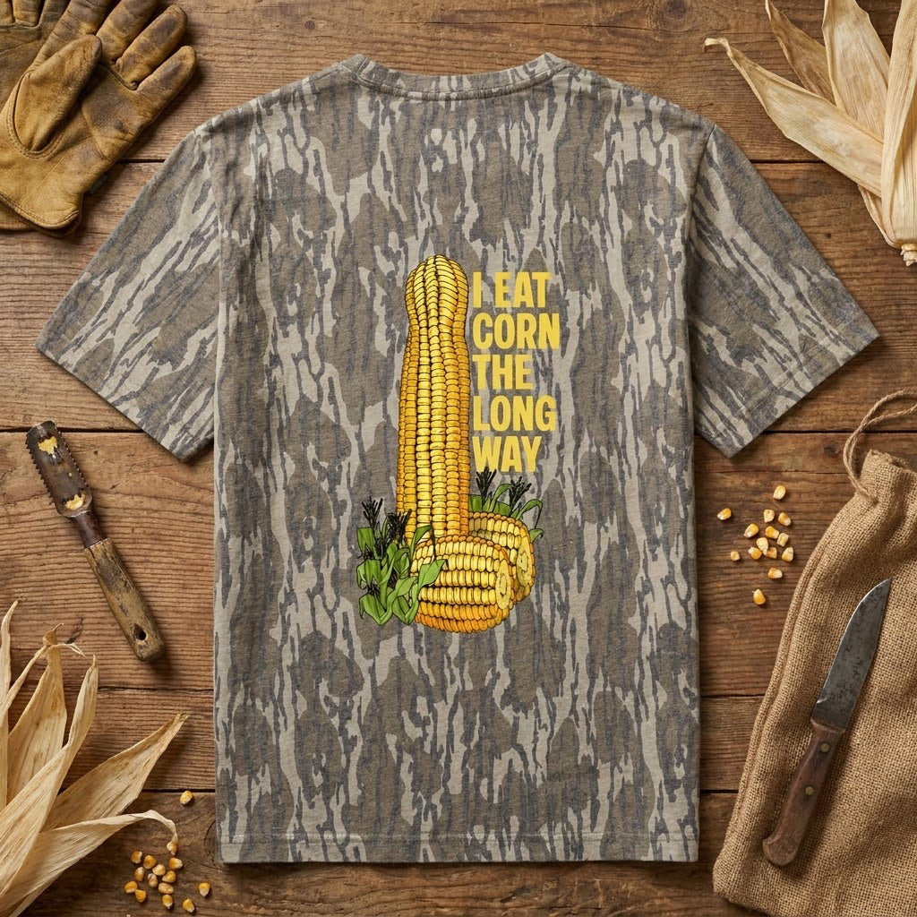 "I Eat Corn The Long Way" Funny Suggestive Camo T-Shirt