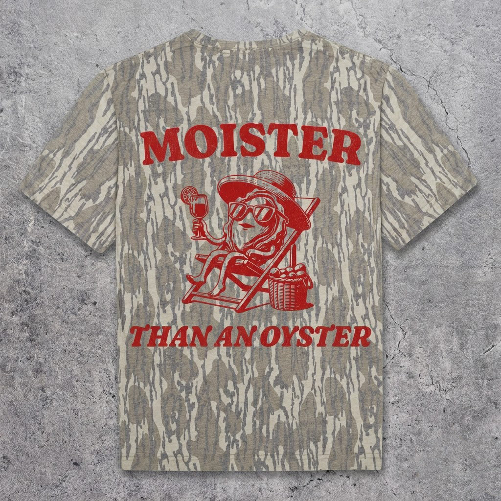"Moister Than An Oyster" Funny Retro Graphic Camo T-Shirt