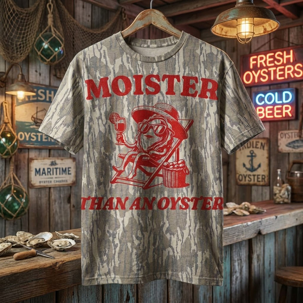 "Moister Than An Oyster" Funny Retro Graphic Camo T-Shirt