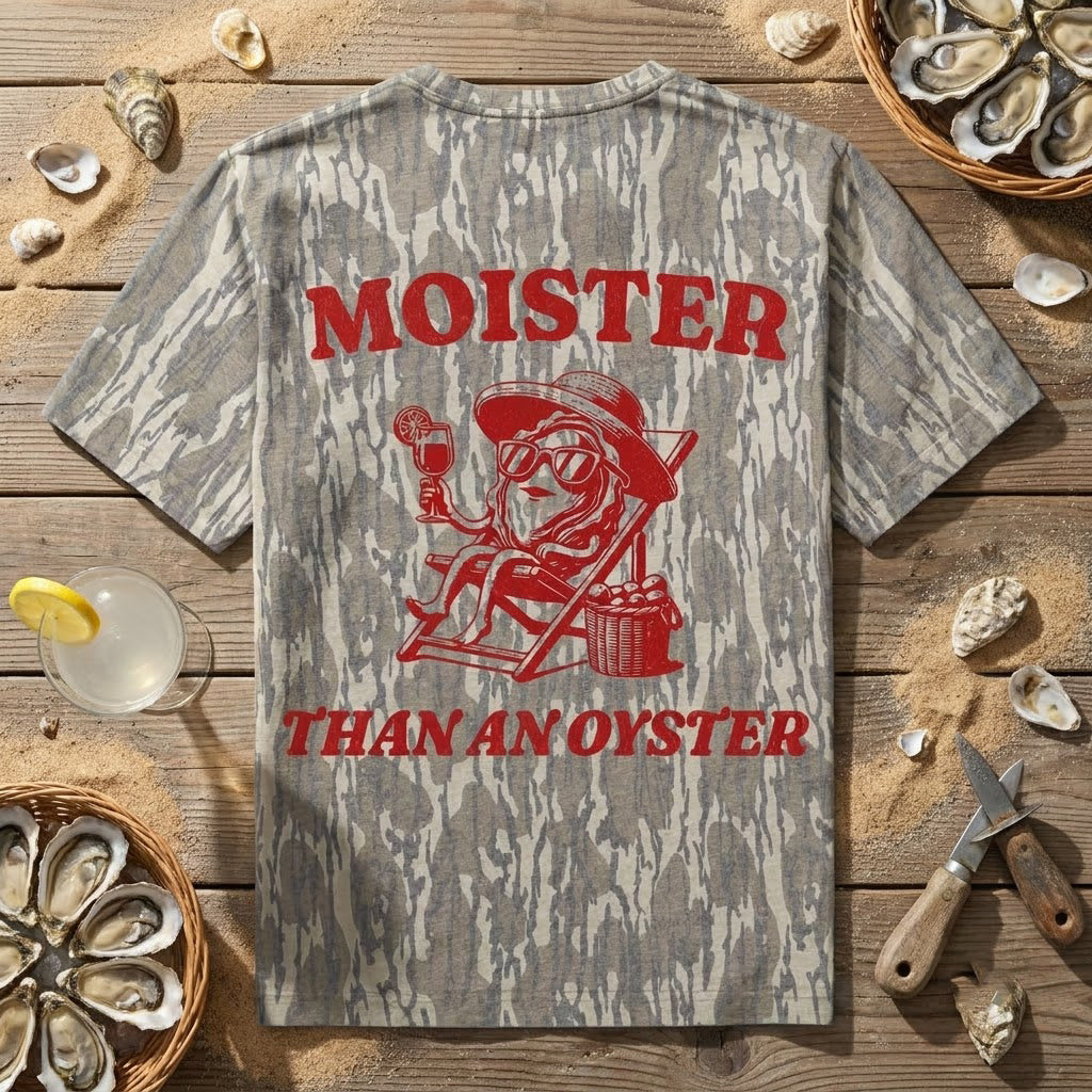"Moister Than An Oyster" Funny Retro Graphic Camo T-Shirt