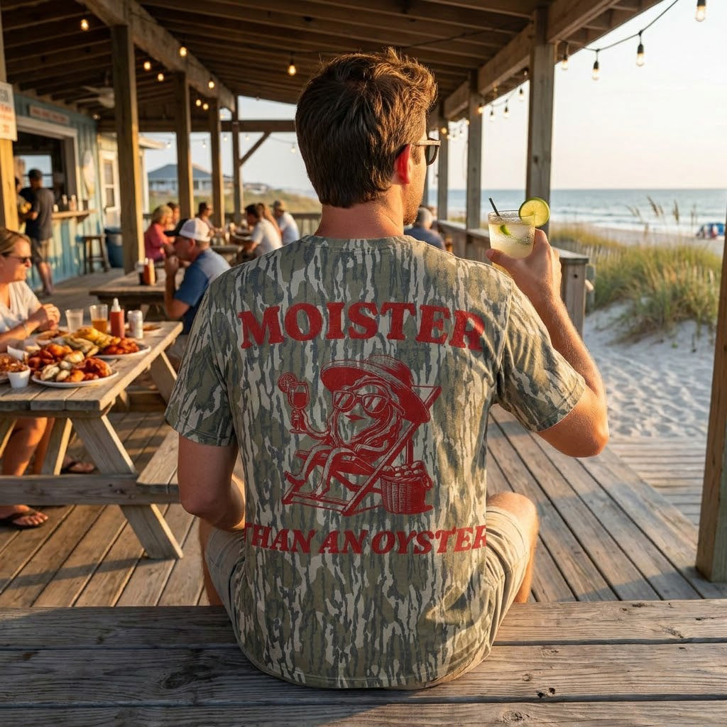 "Moister Than An Oyster" Funny Retro Graphic Camo T-Shirt