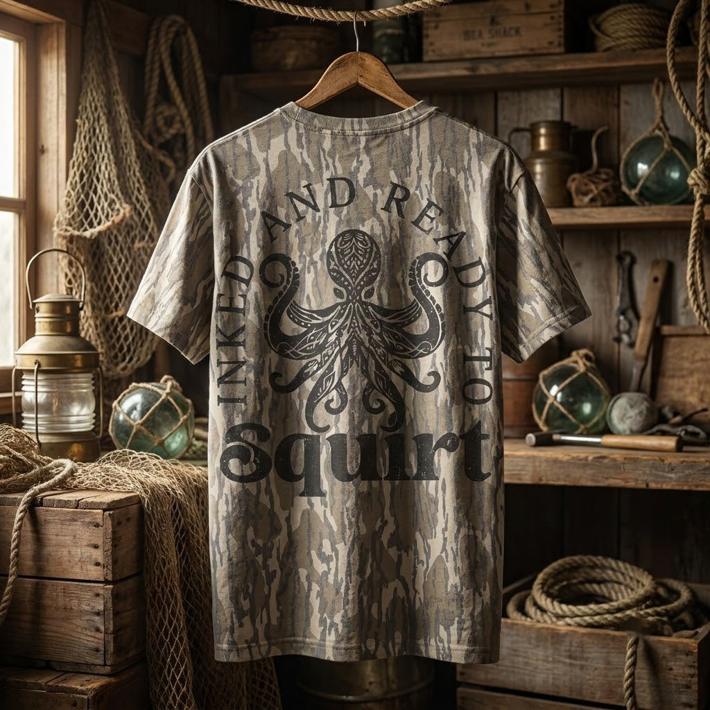 "Inked And Ready To Squirt" Funny Octopus Camo Graphic T-Shirt
