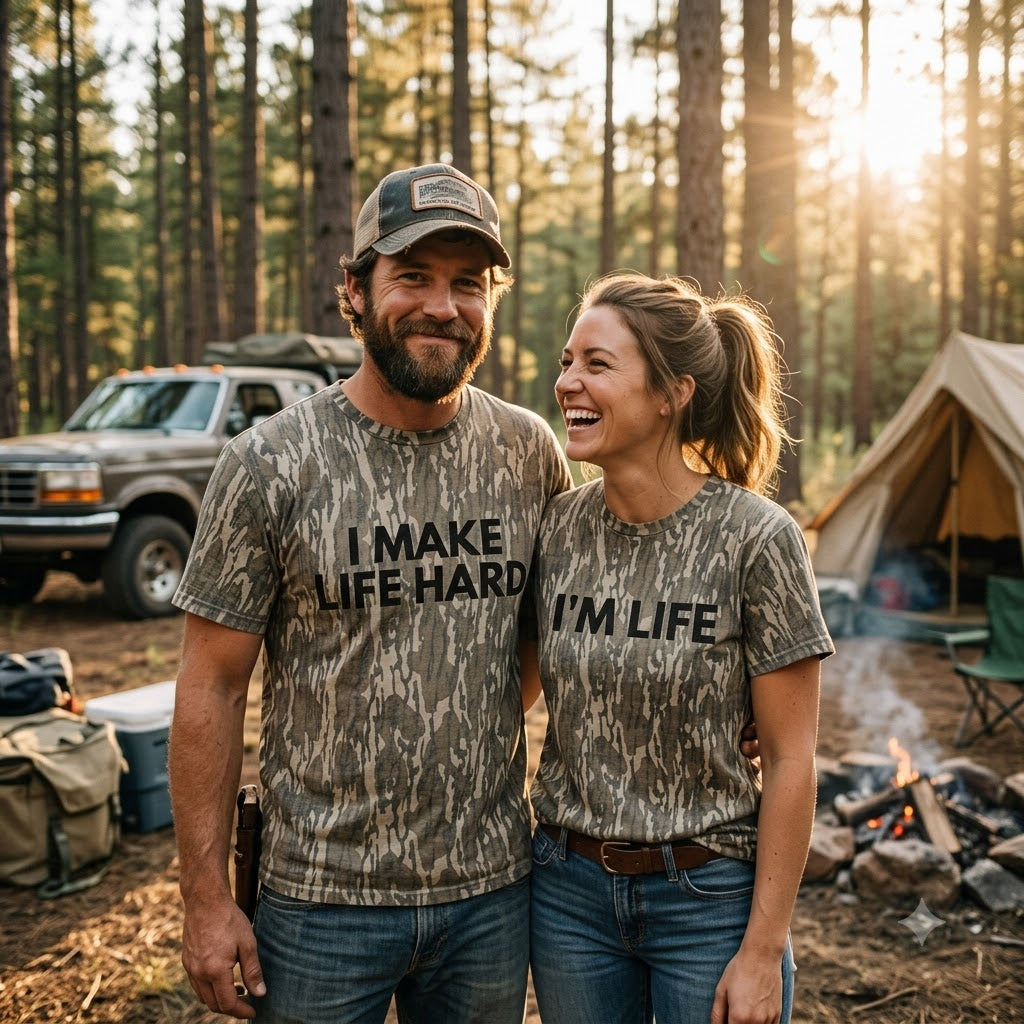 Funny "I Make Life Hard & I'm Life" Couples Matching Camo T-Shirts - Adult Humor Graphic Tees