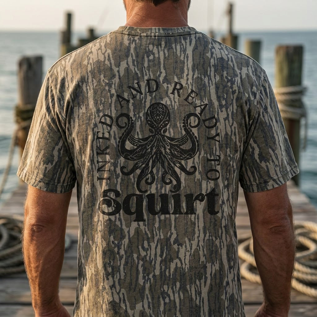 "Inked And Ready To Squirt" Funny Octopus Camo Graphic T-Shirt