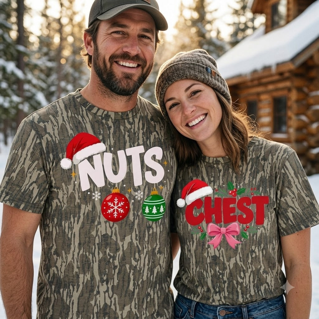 Funny Chestnuts Couples Matching Christmas Camo T-Shirts - Naughty Holiday Tees