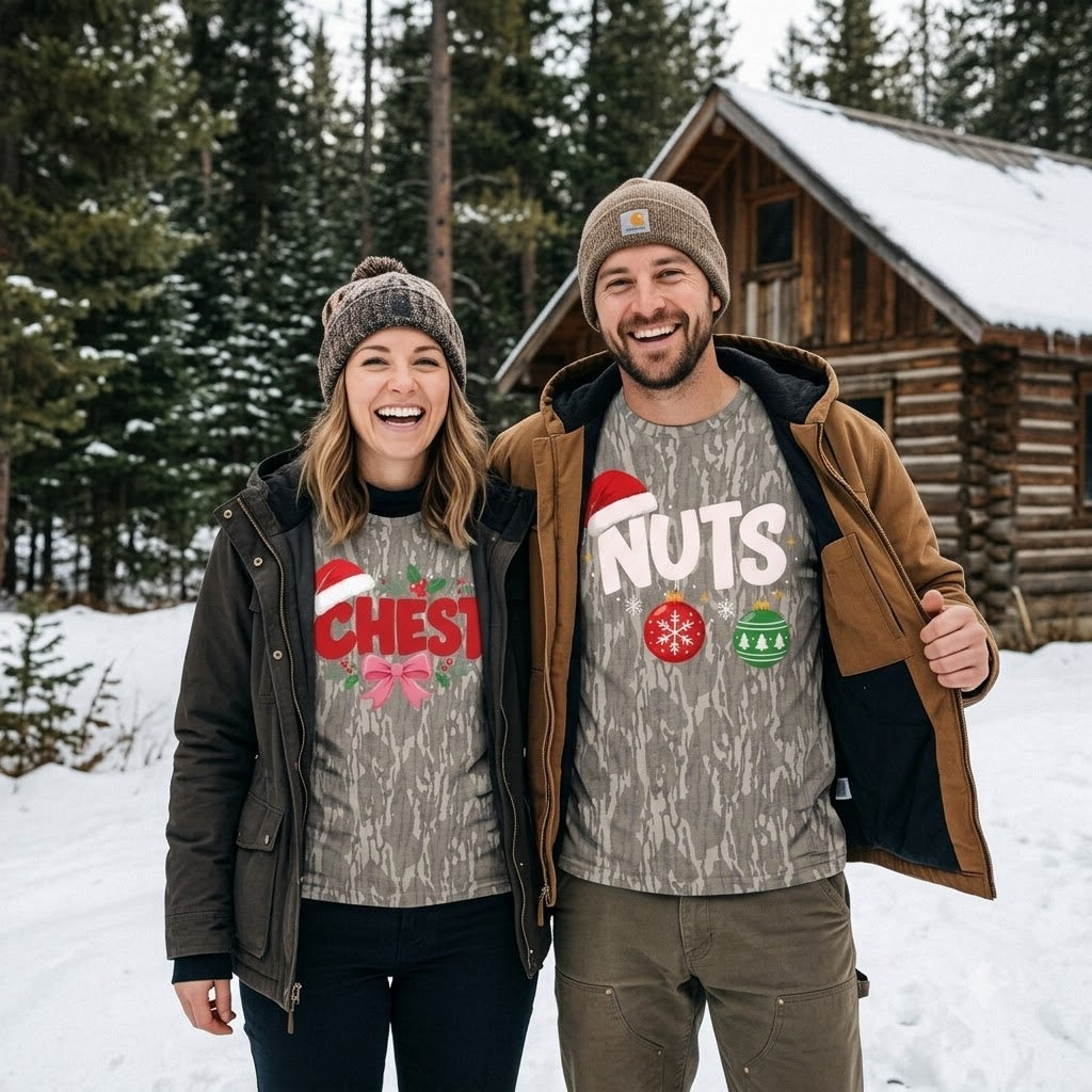 Funny Chestnuts Couples Matching Christmas Camo T-Shirts - Naughty Holiday Tees