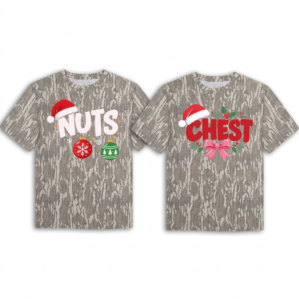 Funny Chestnuts Couples Matching Christmas Camo T-Shirts - Naughty Holiday Tees