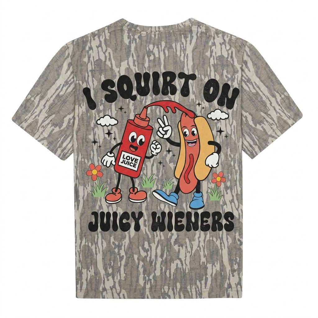 "I Squirt On Juicy Wieners" Funny Hotdog Retro Camo T-Shirt