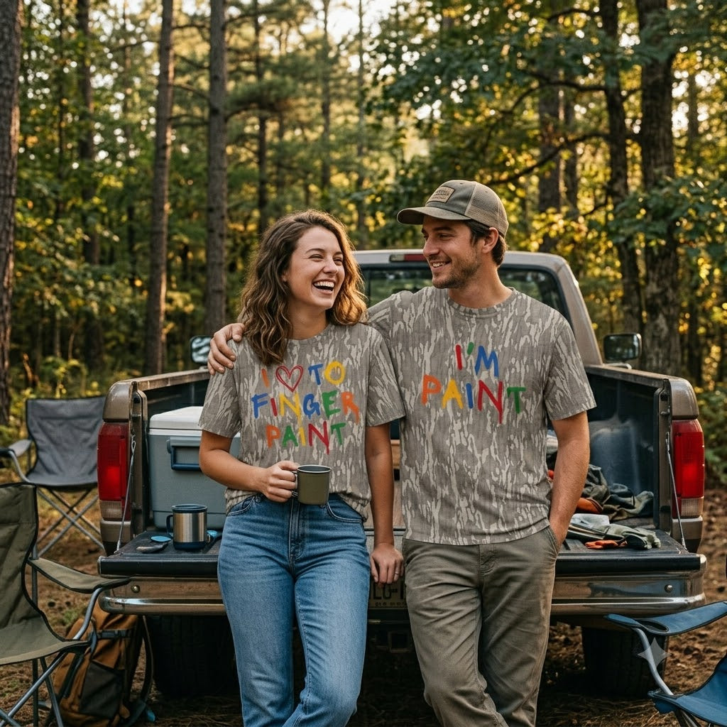 Funny "I Love To Finger Paint" Couples Matching Camo T-Shirts - Adult Humor Graphic Tees