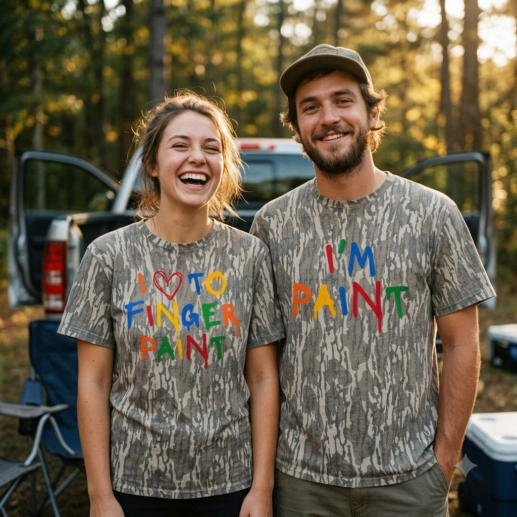 Funny "I Love To Finger Paint" Couples Matching Camo T-Shirts - Adult Humor Graphic Tees