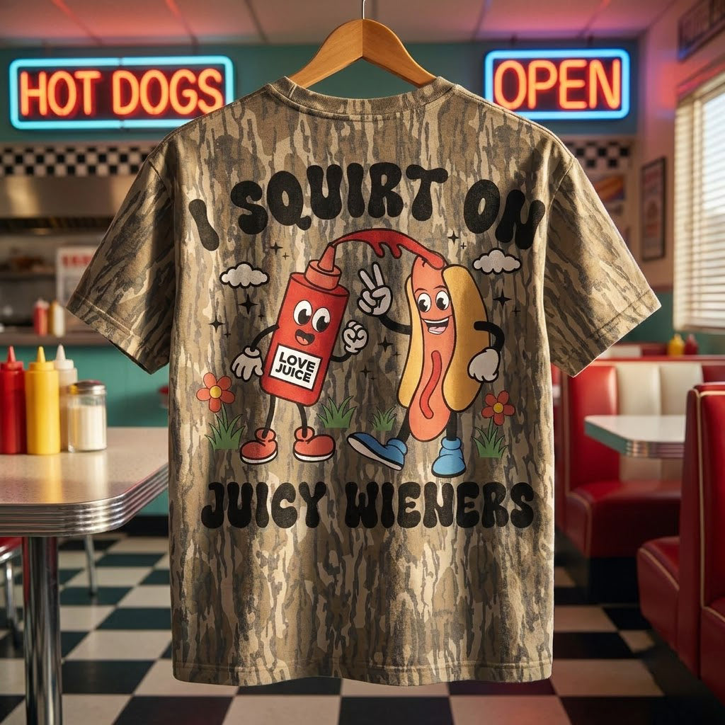 "I Squirt On Juicy Wieners" Funny Hotdog Retro Camo T-Shirt