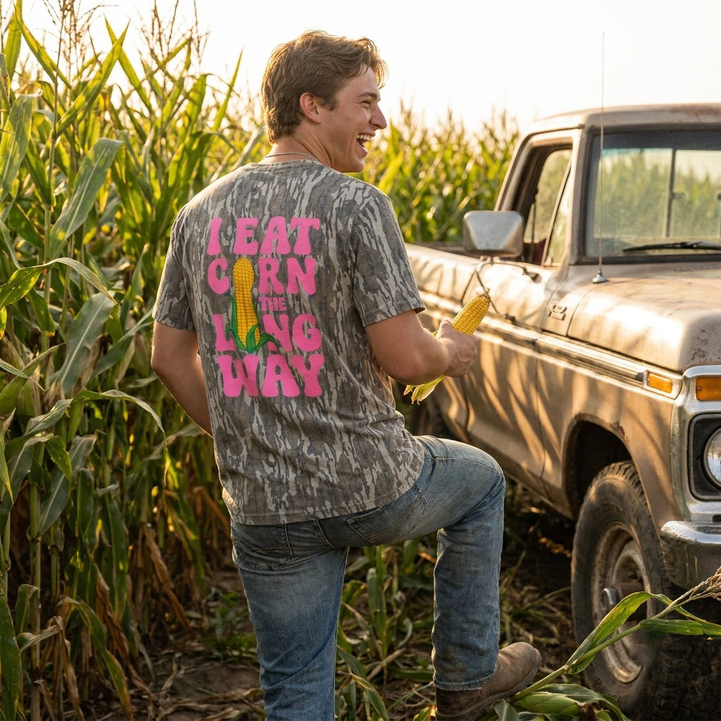 "I Eat Corn The Long Way" Funny Camo Graphic T-Shirt