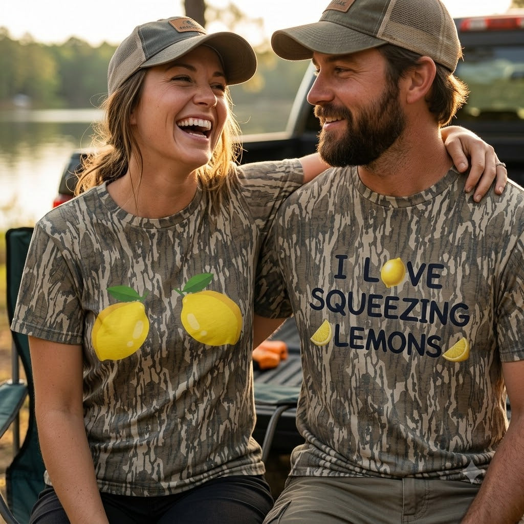Funny "I Love Squeezing Lemons" Couples Matching Camo T-Shirts - Naughty Humor Tees