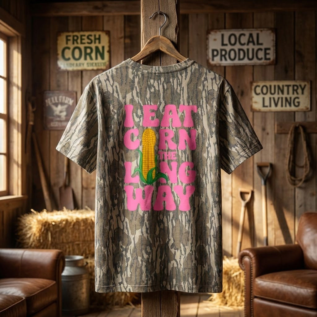 "I Eat Corn The Long Way" Funny Camo Graphic T-Shirt