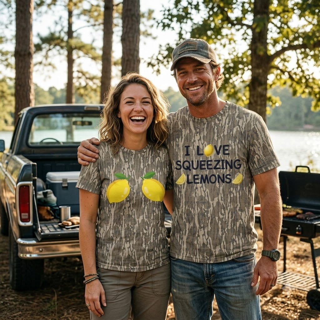 Funny "I Love Squeezing Lemons" Couples Matching Camo T-Shirts - Naughty Humor Tees