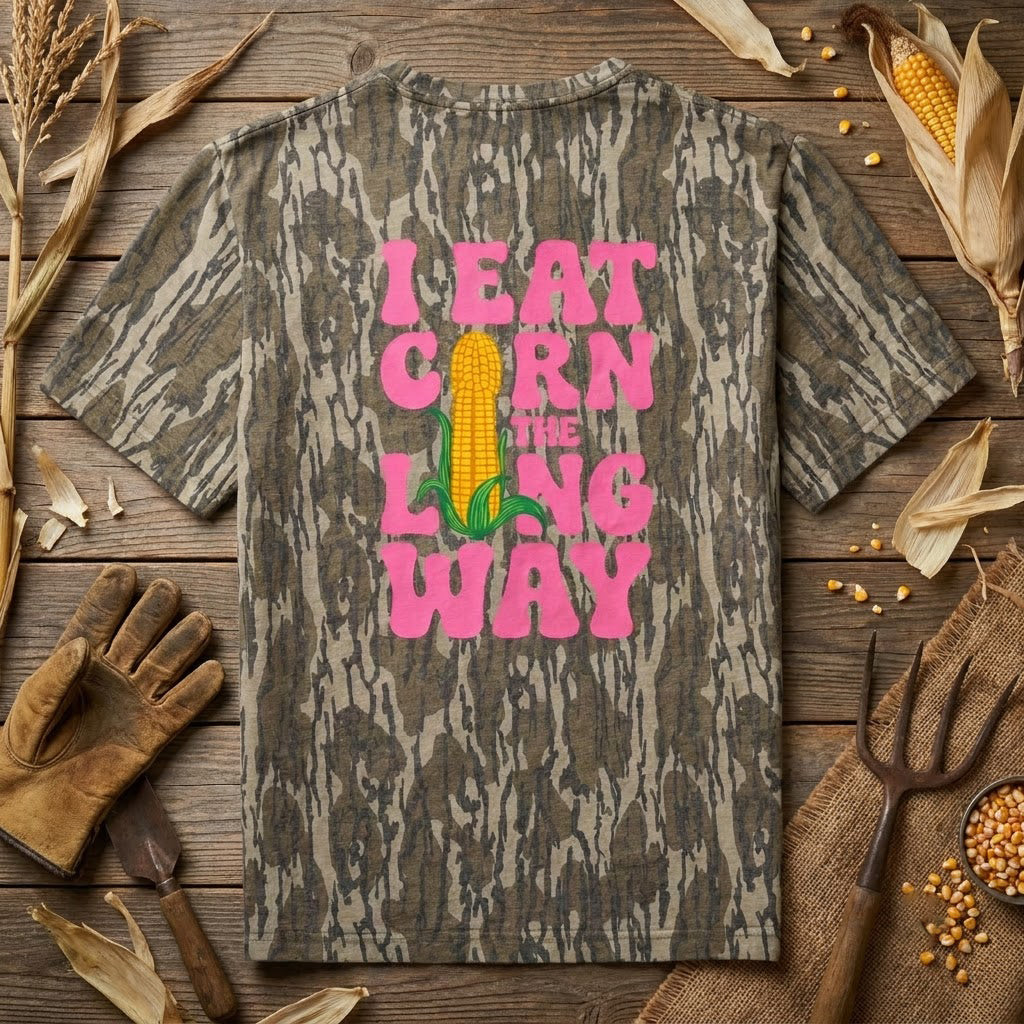 "I Eat Corn The Long Way" Funny Camo Graphic T-Shirt