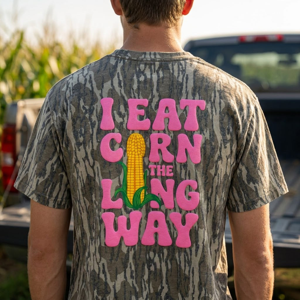 "I Eat Corn The Long Way" Funny Camo Graphic T-Shirt