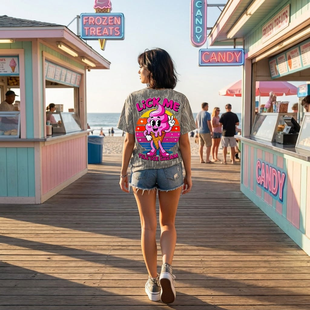 "Lick Me Till Ice Cream" Retro Pink NSFW Camo T-Shirt