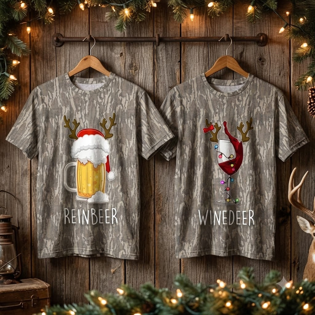 Reinbeer and Winedeer Funny Couples Christmas Camo T-Shirts - Holiday Drinking Matching Tees