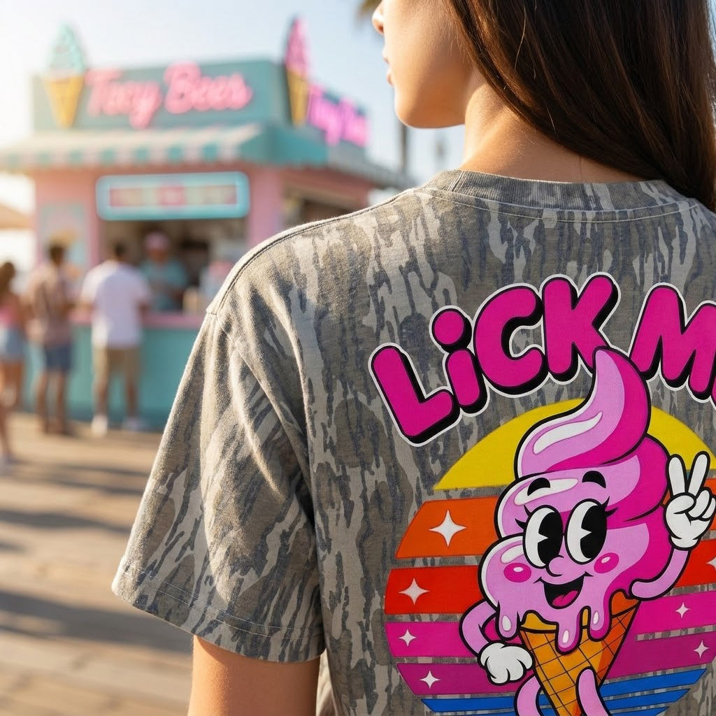 "Lick Me Till Ice Cream" Retro Pink NSFW Camo T-Shirt