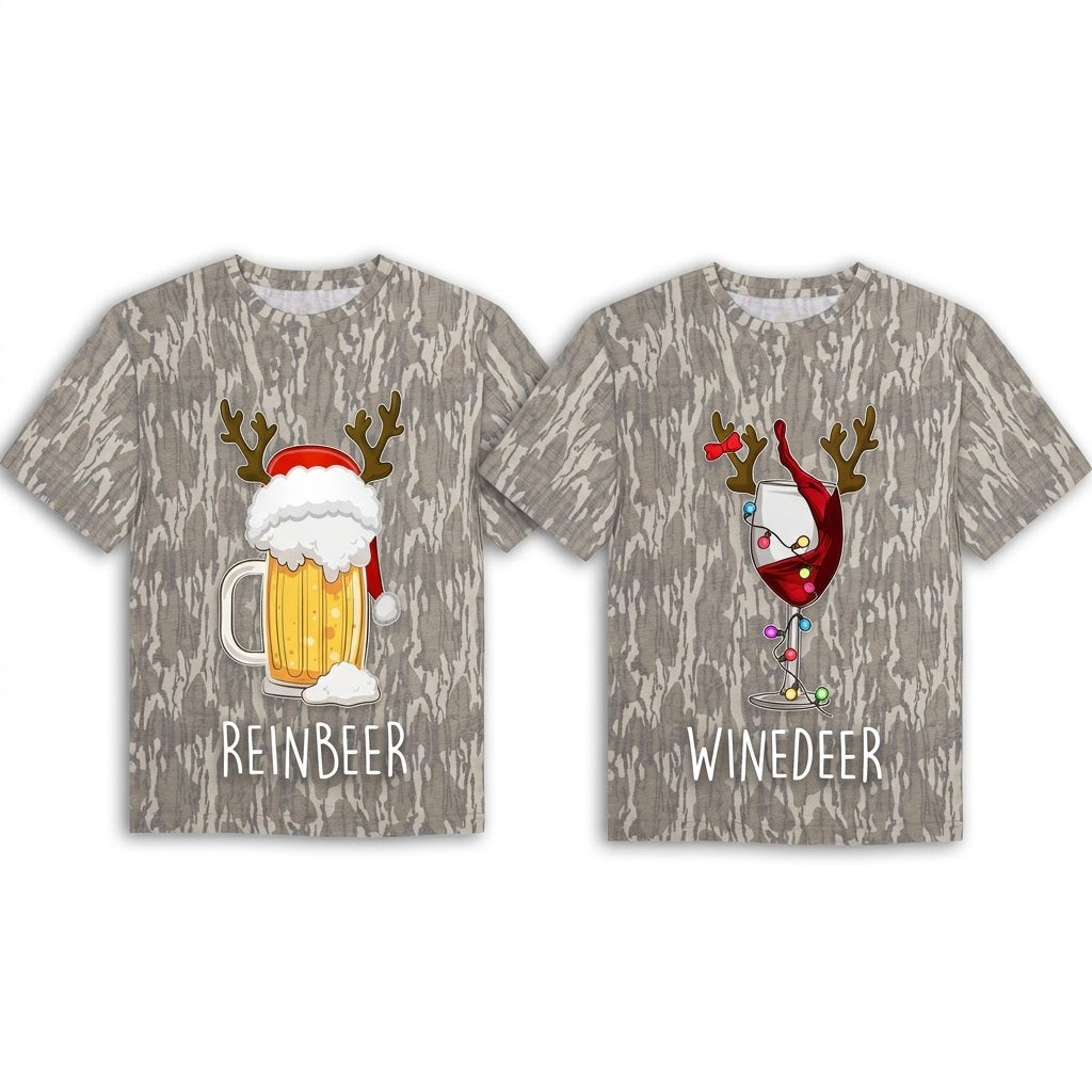 Reinbeer and Winedeer Funny Couples Christmas Camo T-Shirts - Holiday Drinking Matching Tees