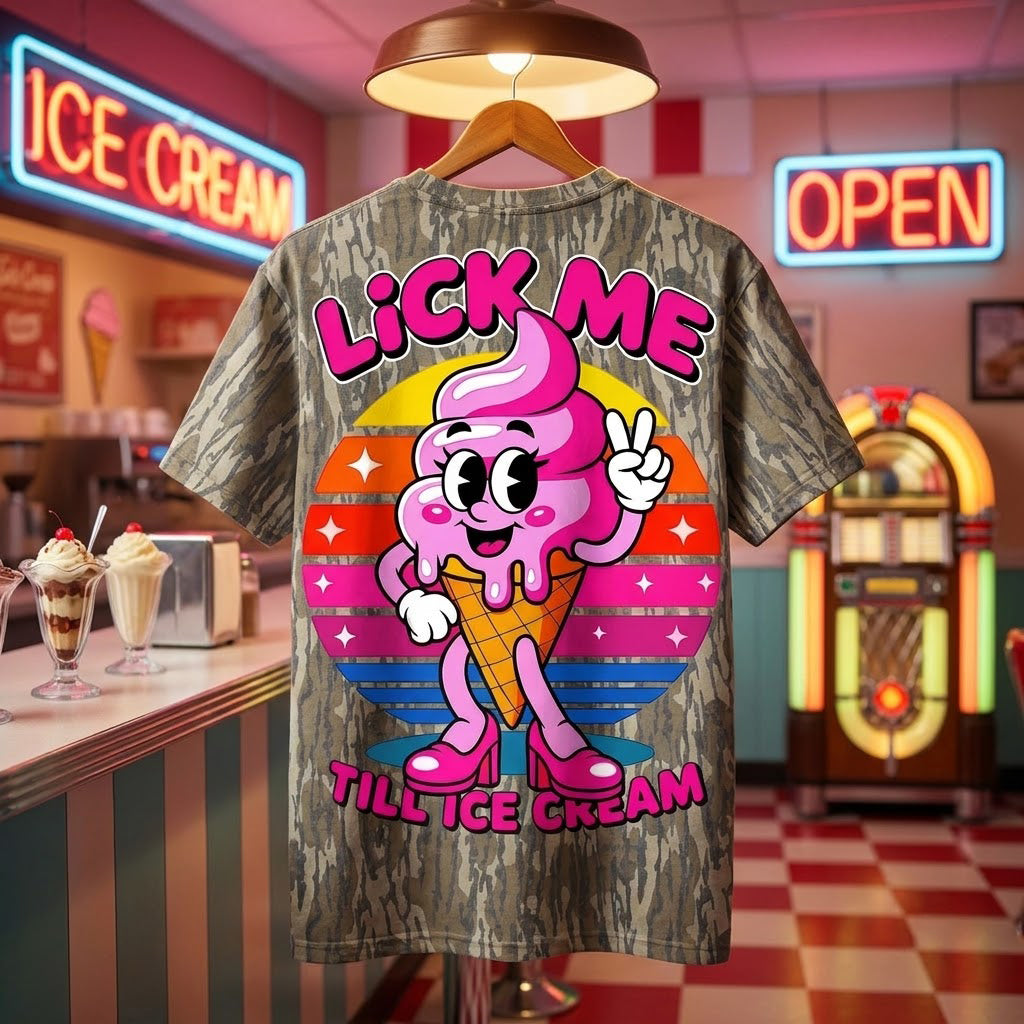 "Lick Me Till Ice Cream" Retro Pink NSFW Camo T-Shirt