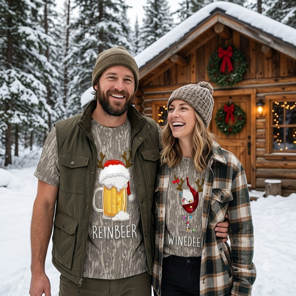 Reinbeer and Winedeer Funny Couples Christmas Camo T-Shirts - Holiday Drinking Matching Tees