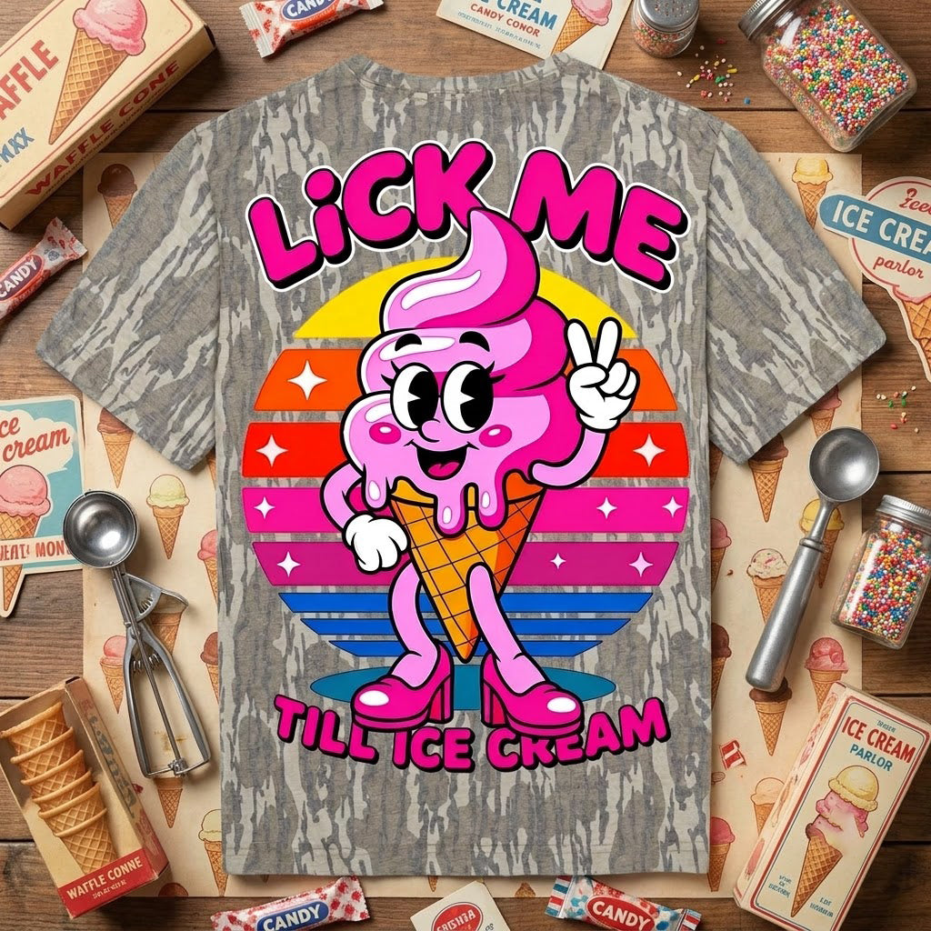 "Lick Me Till Ice Cream" Retro Pink NSFW Camo T-Shirt