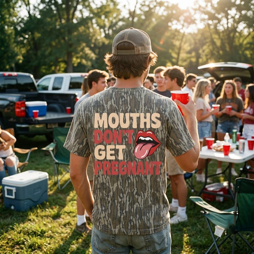 "Mouths Don't Get Pregnant" Funny Explicit Lips Camo T-Shirt