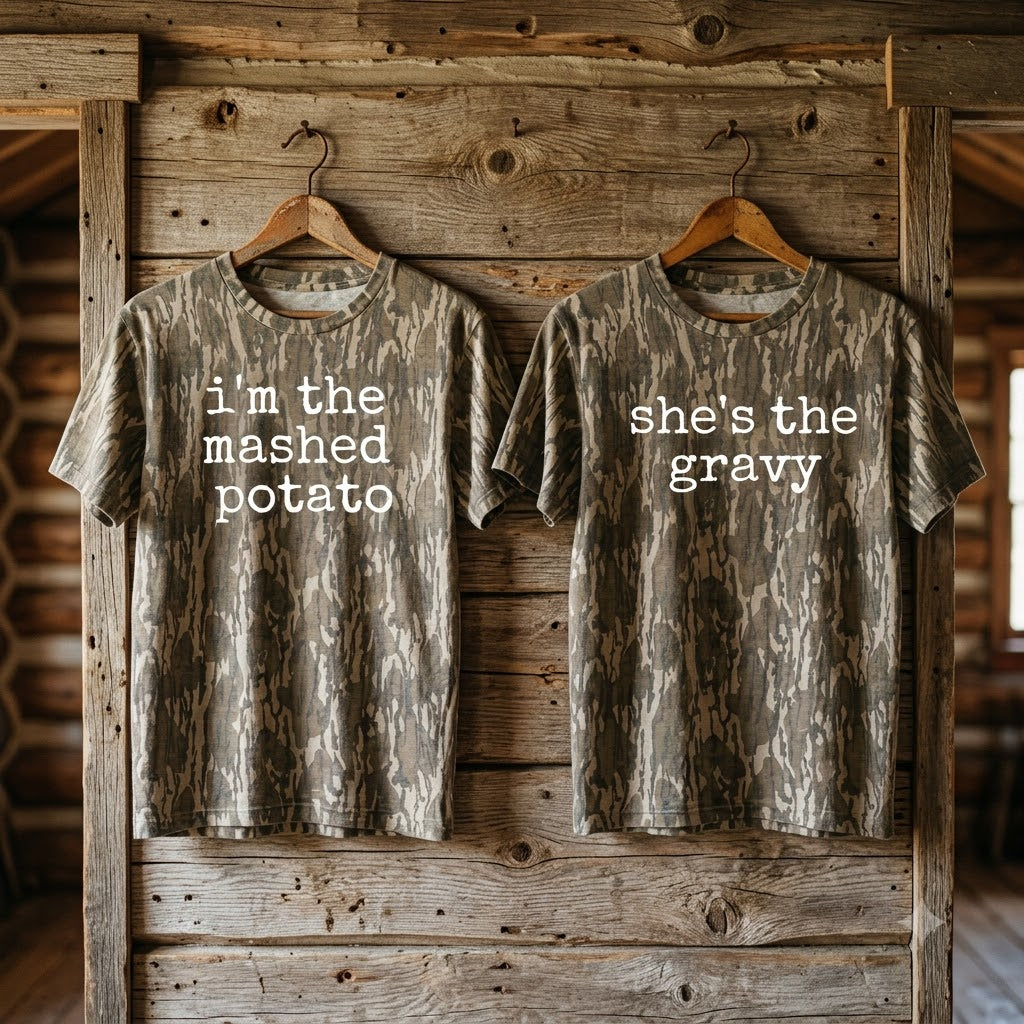 Cute "I'm The Mashed Potato / She's The Gravy" Couples Thanksgiving Camo T-Shirts