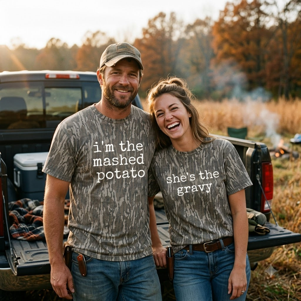 Cute "I'm The Mashed Potato / She's The Gravy" Couples Thanksgiving Camo T-Shirts