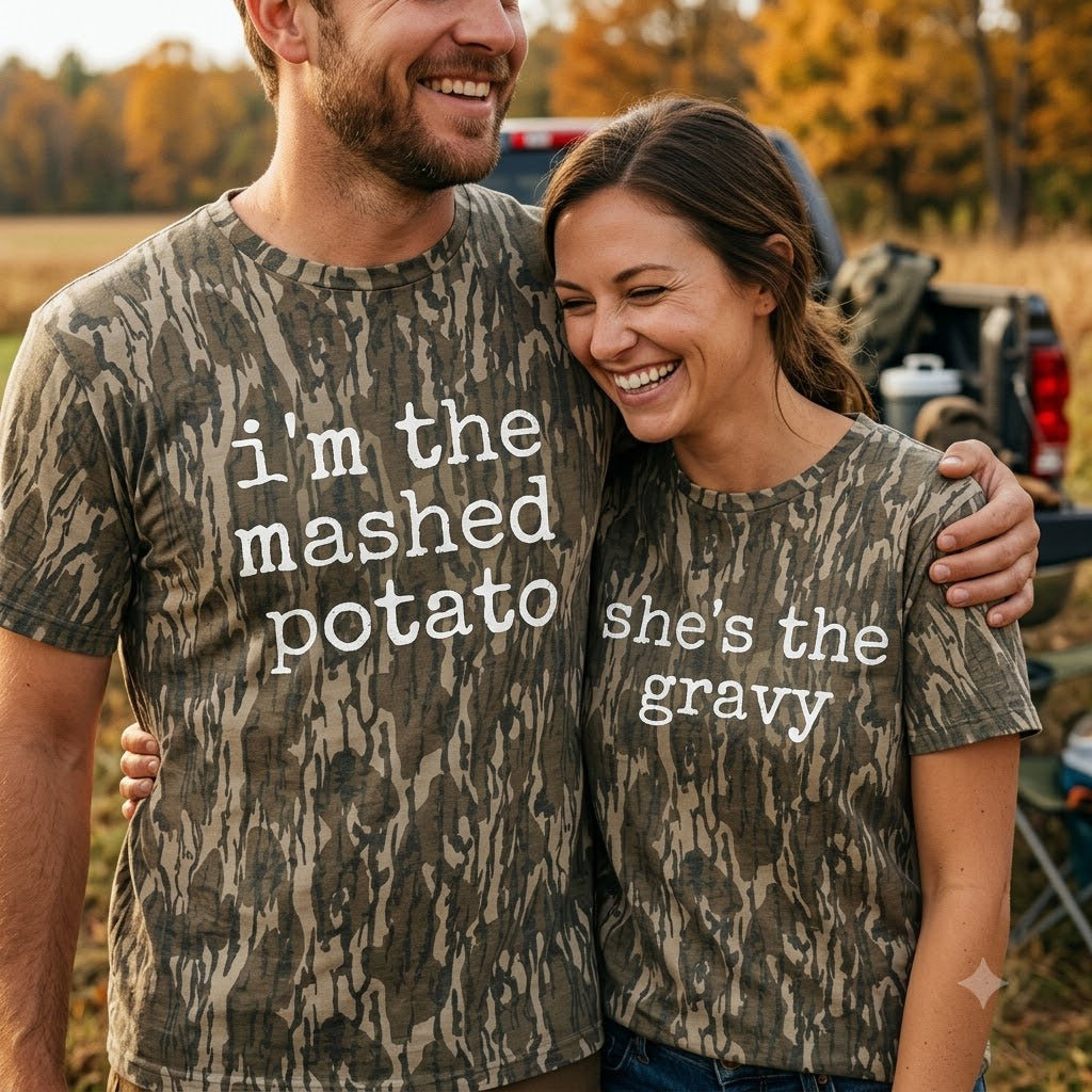 Cute "I'm The Mashed Potato / She's The Gravy" Couples Thanksgiving Camo T-Shirts