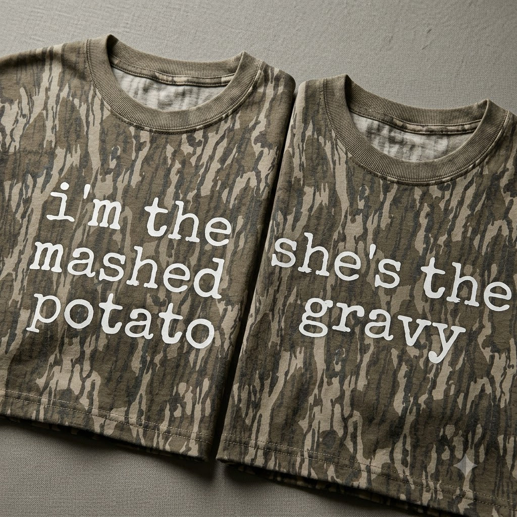 Cute "I'm The Mashed Potato / She's The Gravy" Couples Thanksgiving Camo T-Shirts