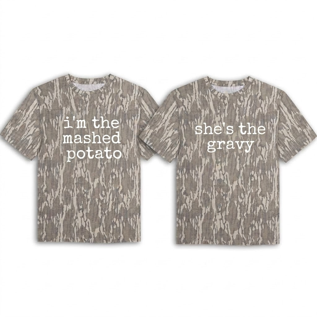 Cute "I'm The Mashed Potato / She's The Gravy" Couples Thanksgiving Camo T-Shirts