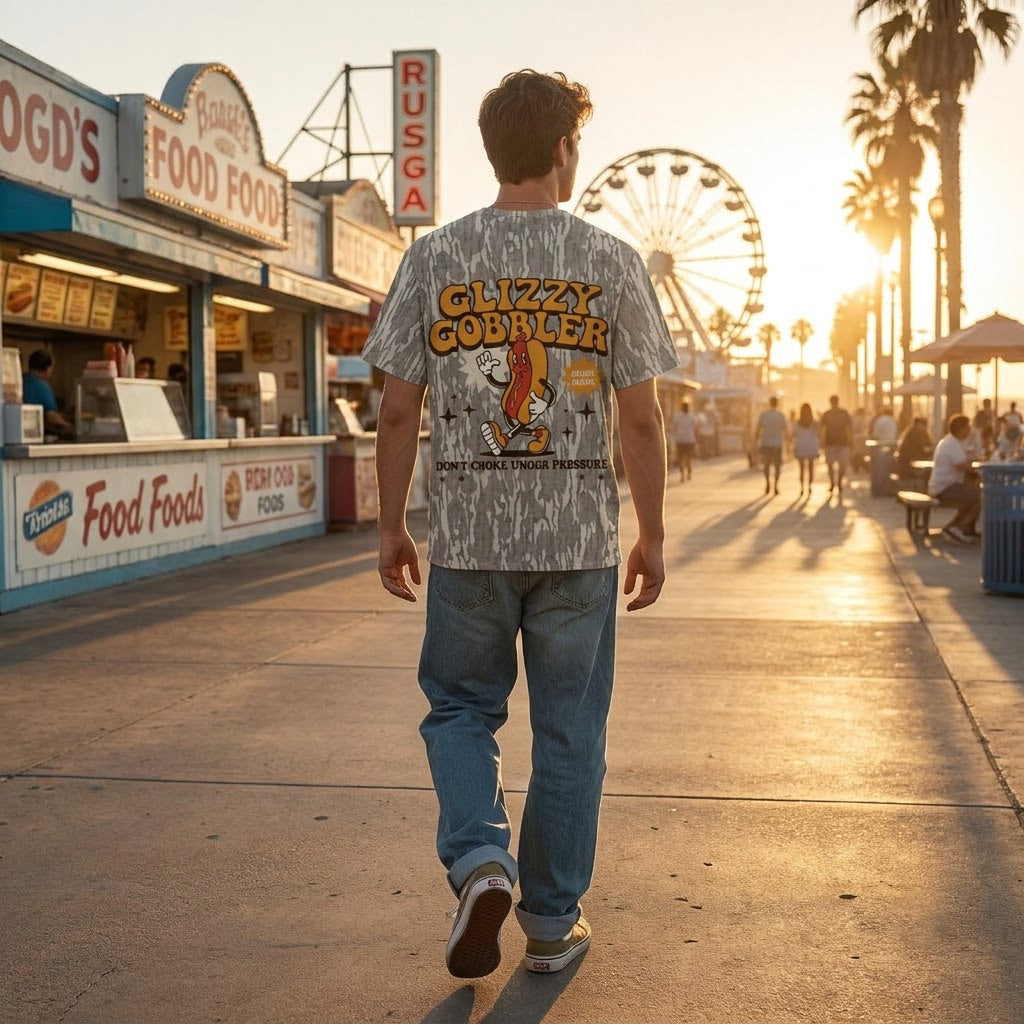 "Glizzy Gobbler" Funny Retro Hotdog Camo Graphic T-Shirt