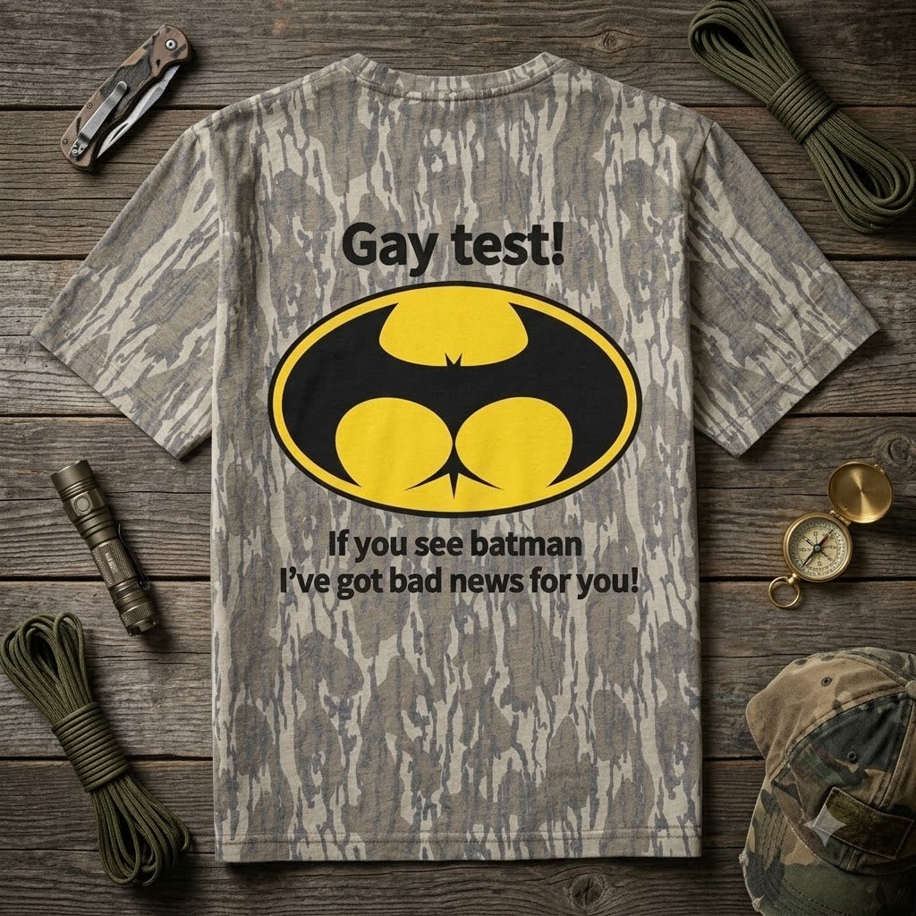 Funny Batman Gay Test Camouflage Graphic Tee - Novelty Meme Men's T-Shirt