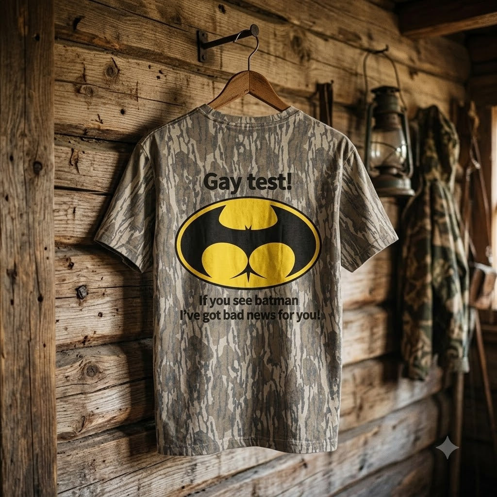 Funny Batman Gay Test Camouflage Graphic Tee - Novelty Meme Men's T-Shirt