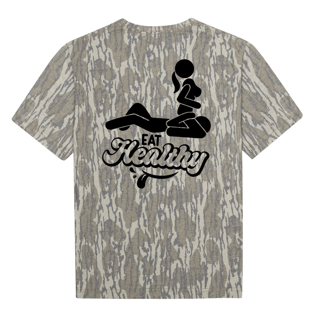 "Eat Healthy" Funny Stick Figure NSFW Camo Graphic Tee