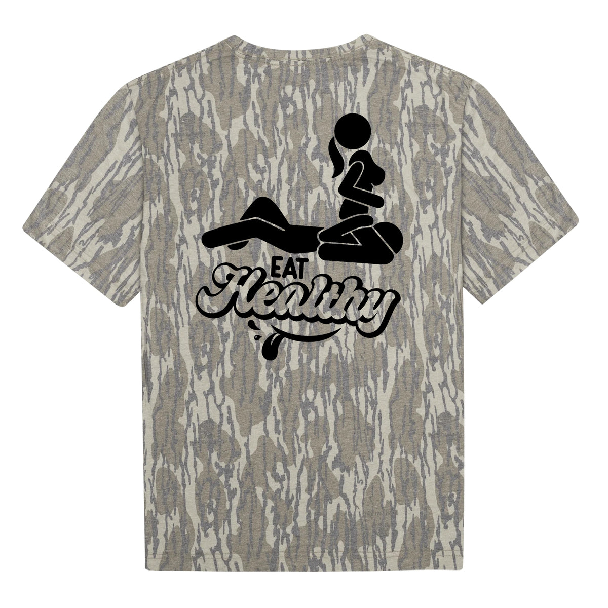 "Eat Healthy" Funny Stick Figure NSFW Camo Graphic Tee