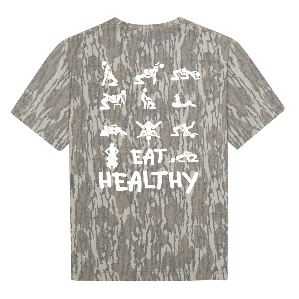"Eat Healthy" Multiple Stick Figures NSFW Camo Graphic T-Shirt