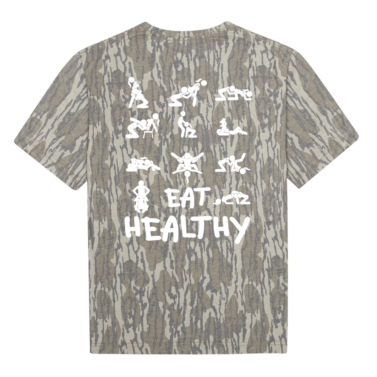 "Eat Healthy" Multiple Stick Figures NSFW Camo Graphic T-Shirt